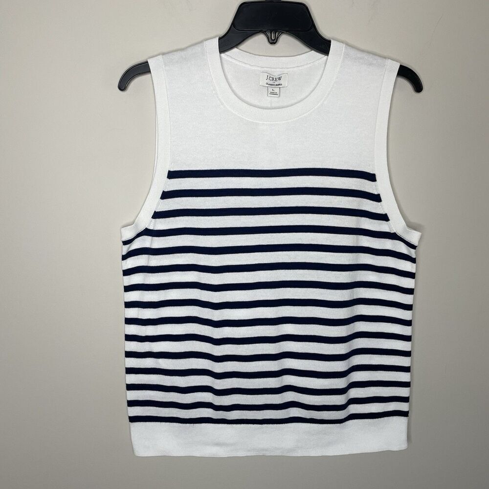 J.CREW Sweater Shell Women Large White Navy Stripe Top NEW Cotton CA085